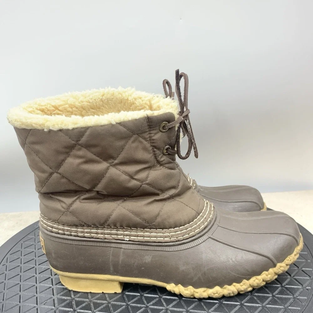 LL Bean Boots Women Size 7 Shoes Brown Quilted‎ Nylon Rubber Shearling Fleece